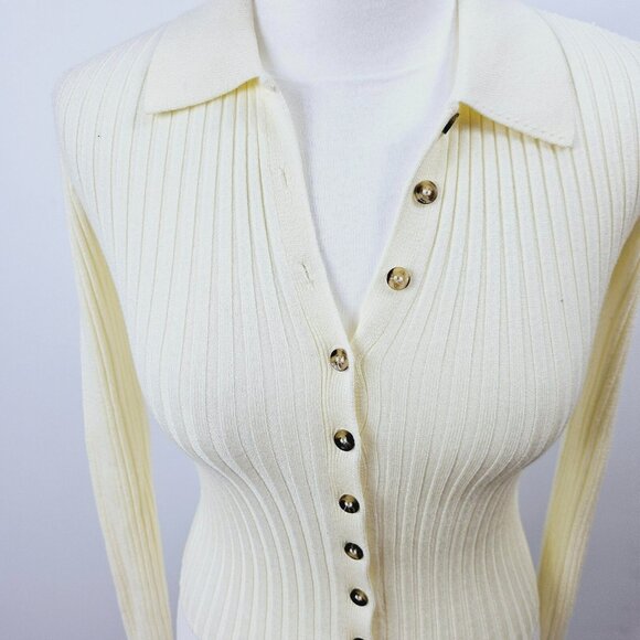 Urban Outfitters - Ribbed Polo Cardigan Top - Cream - Small - Picture 2 of 8